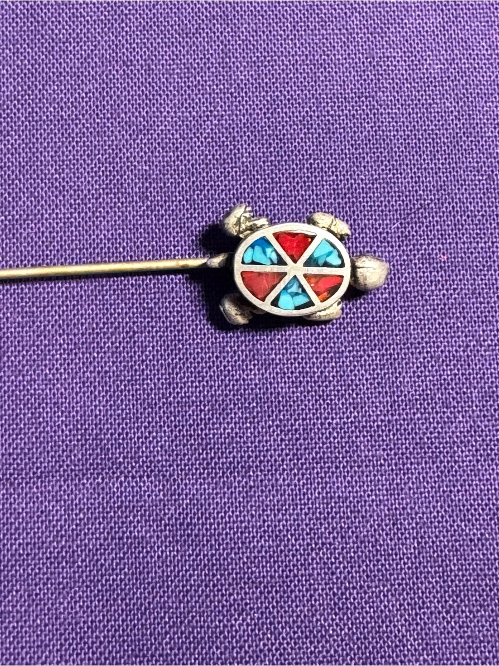 Vintage Sterling Silver Turtle with Coral and Turquoise Inlay Stick Pin